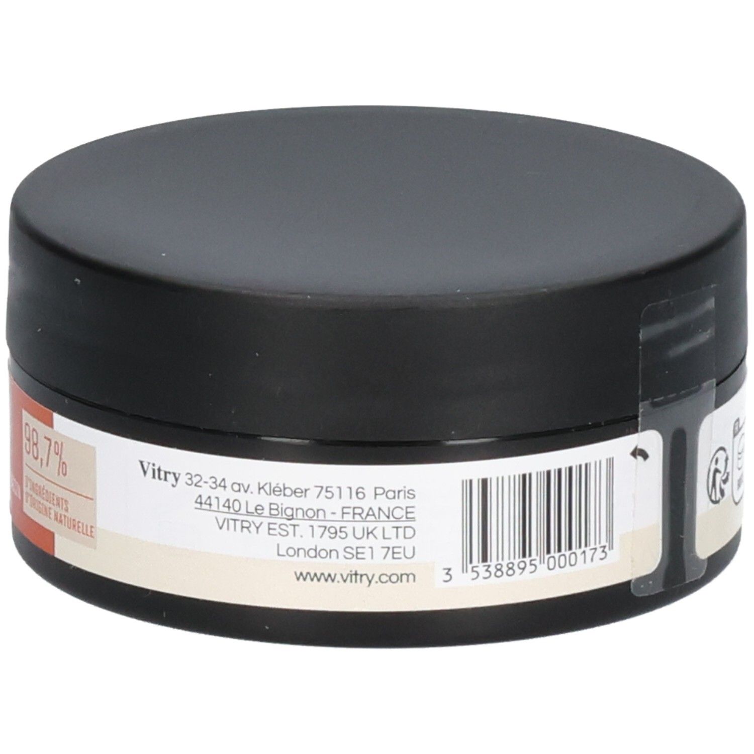 Pot noir avec étiquette blanche et code-barres. Imprimé : Vitry 32-34 av. Kléber 75116 Paris. VITRY EST. 1795 UK LTD London SE1 7EU.