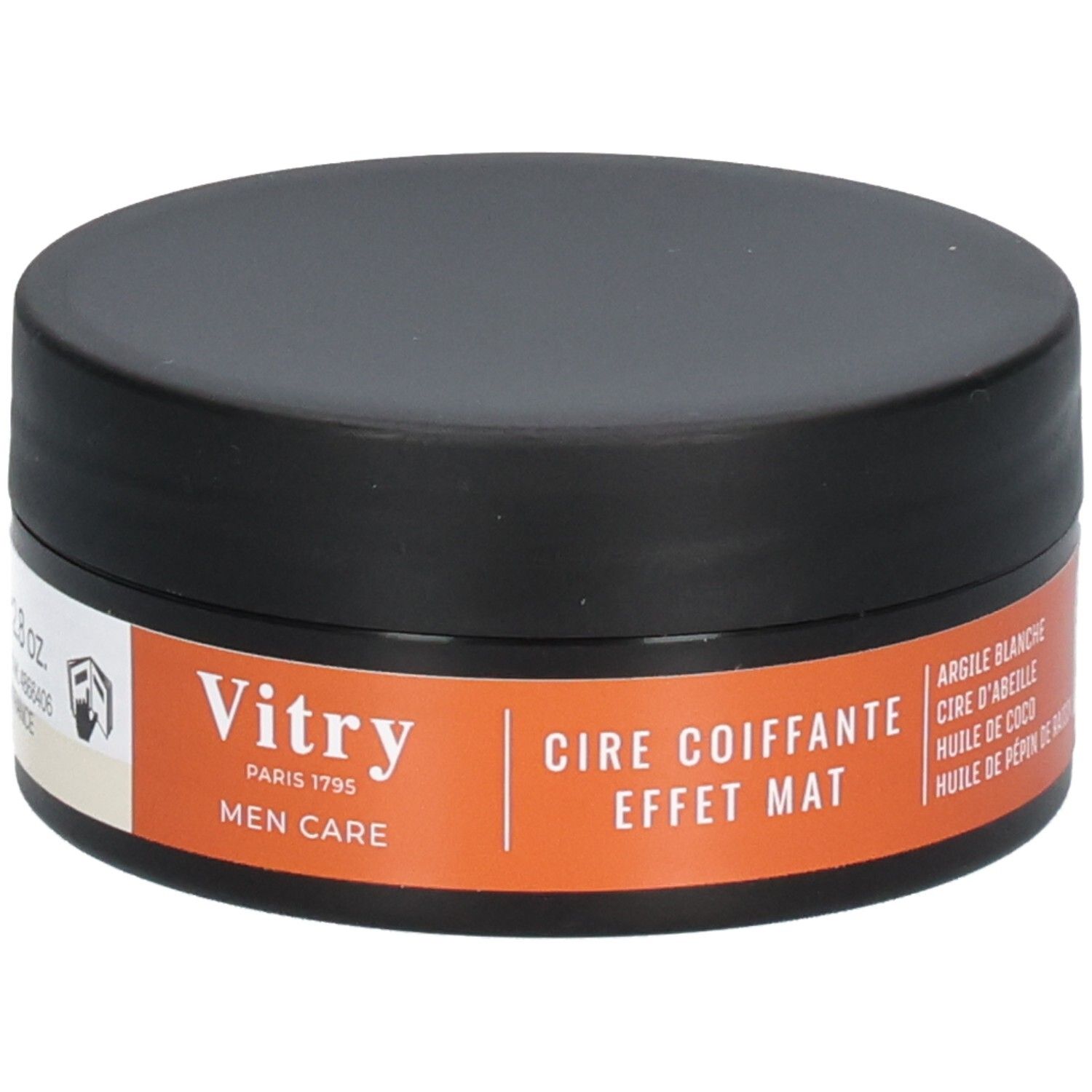 Pot noir avec étiquette orange. L'étiquette indique "Vitry PARIS 1795 MEN CARE". Texte : "CIRE COIFFANTE EFFET MAT".