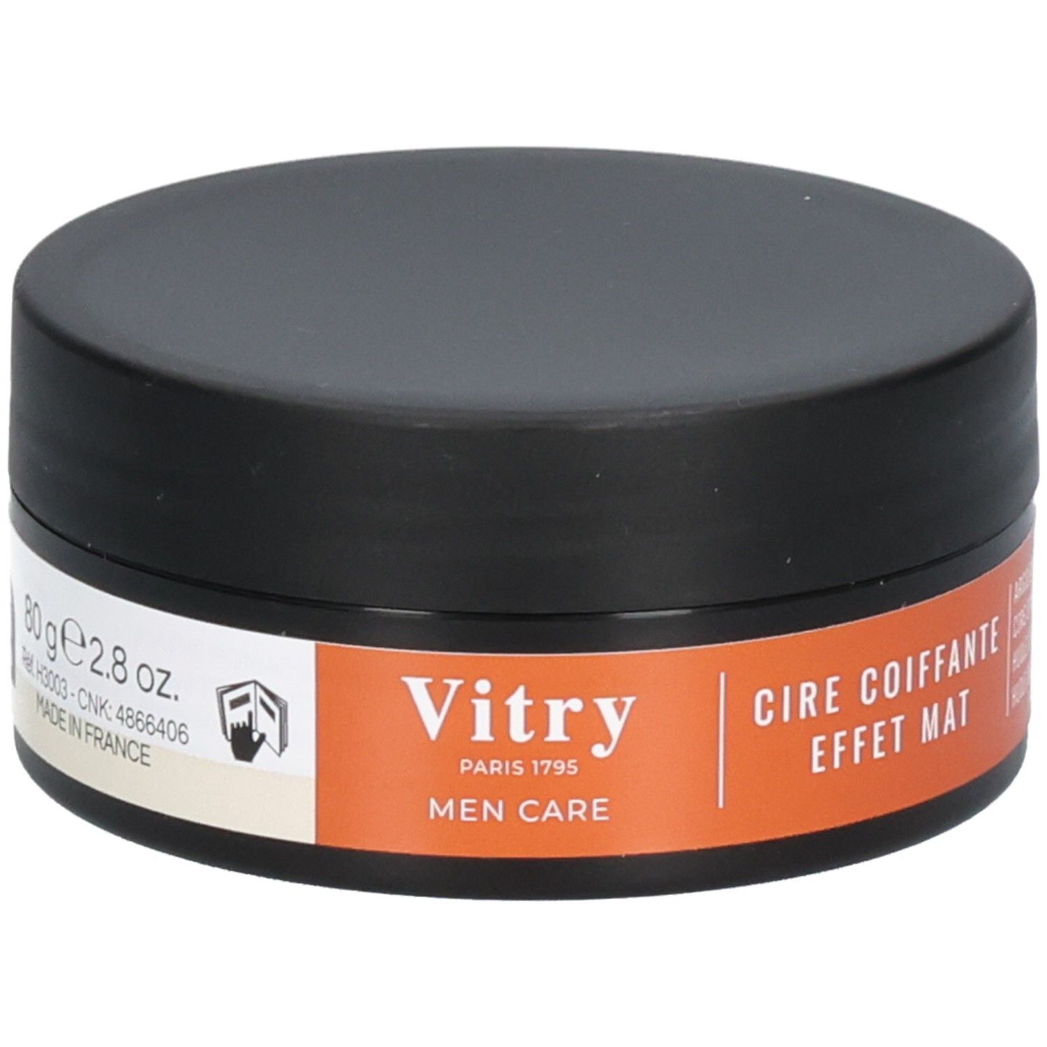 Pot rond noir avec étiquette orange. L'étiquette indique "Vitry PARIS 1795 MEN CARE". Texte : "CIRE COIFFANTE EFFET MAT".