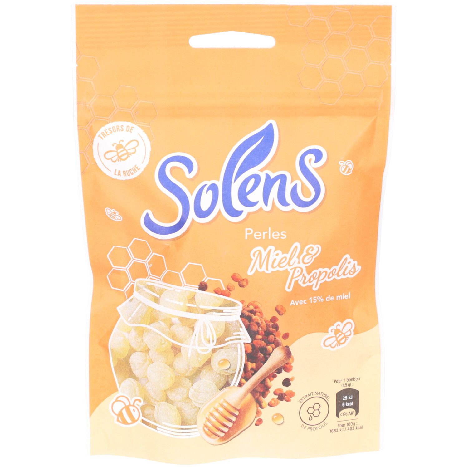 Sachet de SOLENS PERLE MIEL/PROPOL SACH100G. Inscription: Solens, Perles Miel & Propolis. Illustration de bonbons et de rayon de miel.