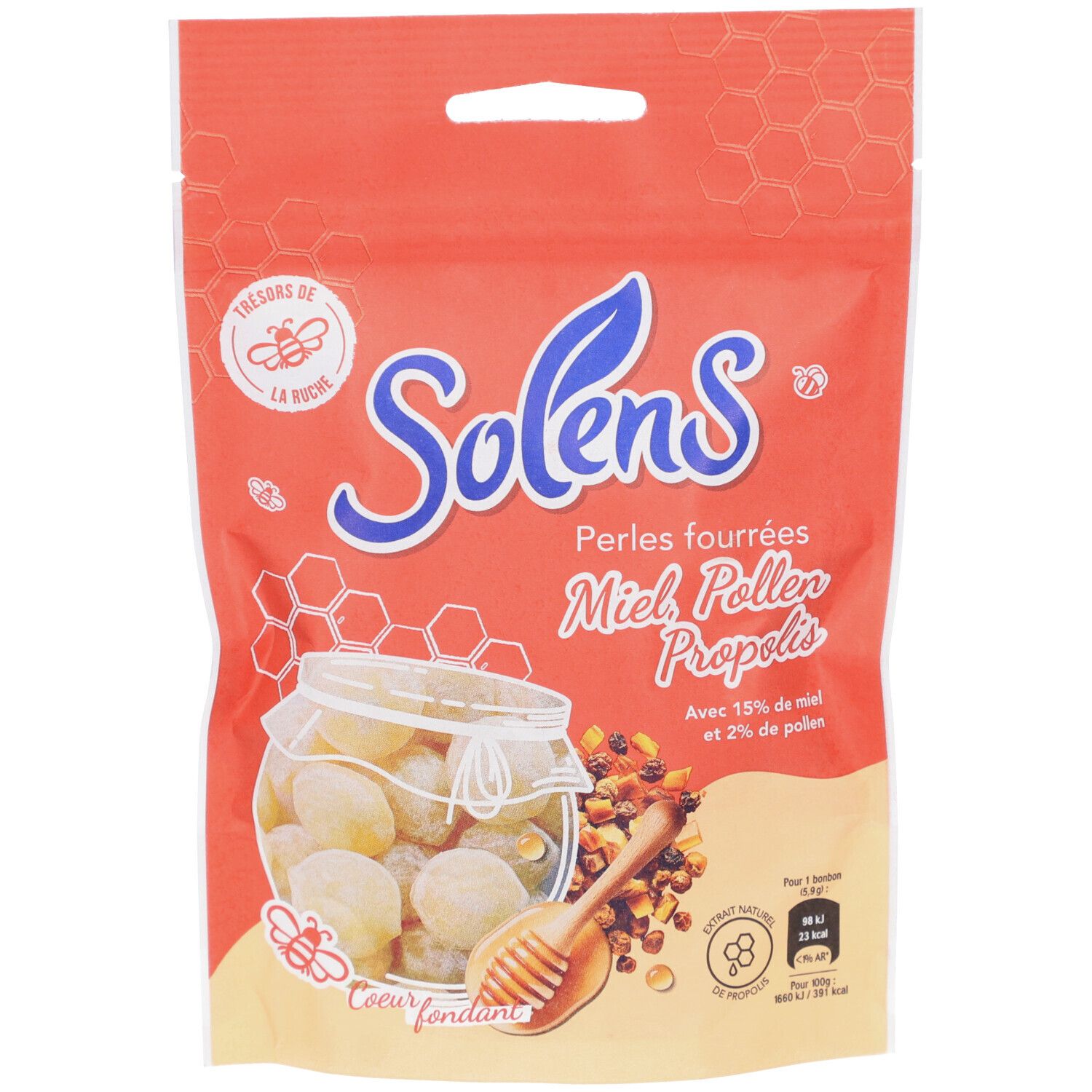 Sachet de bonbons SOLENS. Inscription: Perles fourrées Miel, Pollen, Propolis. Illustration de bonbons en pot et rayon de miel.