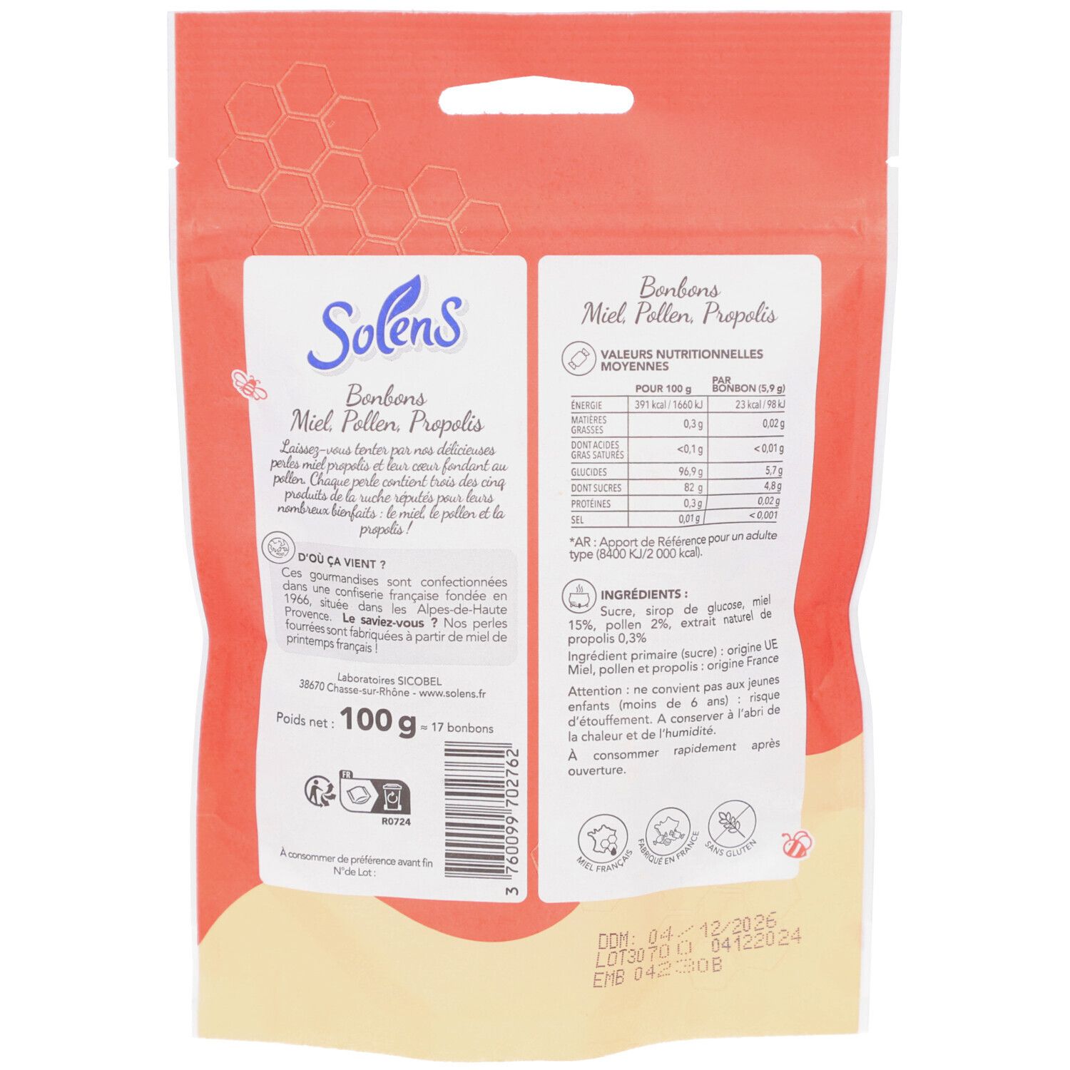 Dos du sachet de bonbons SOLENS. Texte: Bonbons Miel, Pollen, Propolis. Informations nutritionnelles et liste des ingrédients. Poids : 100 g.
