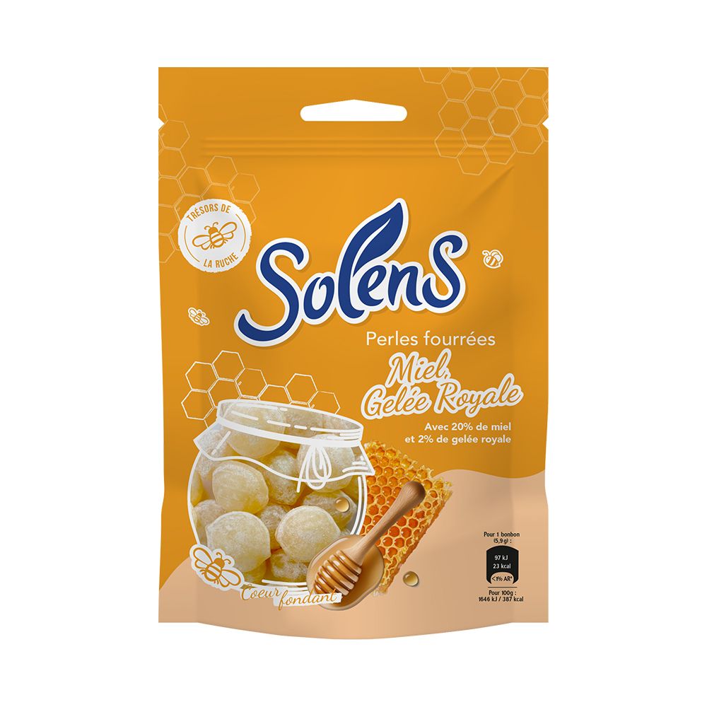 Sachet de SOLENS Perles fourrées Miel Gelée Royale. Représentation de rayons de miel, cuillère à miel et produit. Texte: 20% miel, 2% gelée royale.