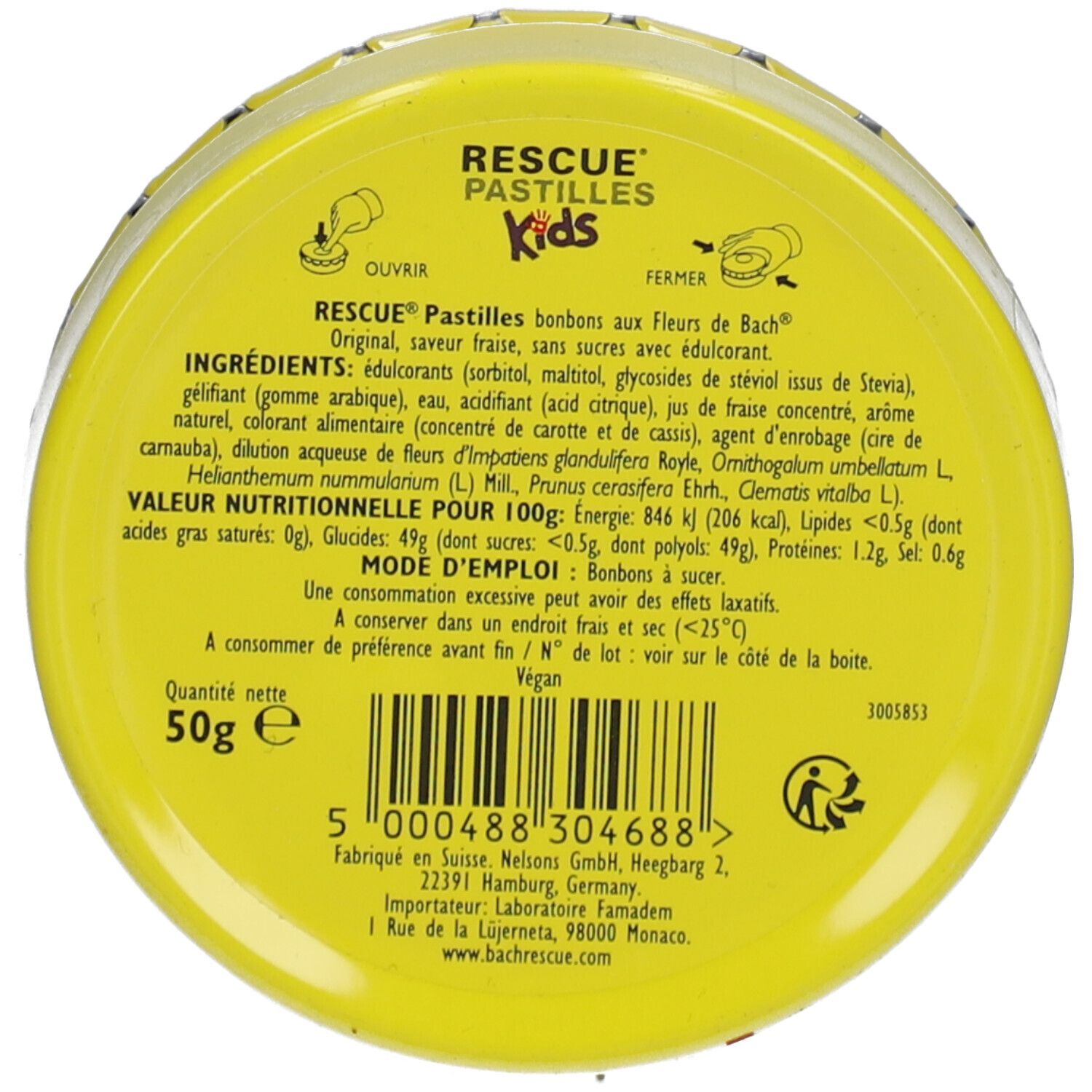 Dos de la boîte. Inscription: RESCUE Pastilles Kids. Liste des ingrédients. Informations nutritionnelles. 50g.