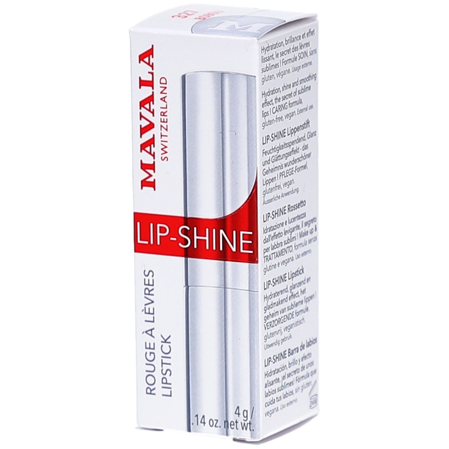 Boîte blanche avec rouge à lèvres. Inscription: MAVALA, LIP-SHINE, ROUGE À LÈVRES, LIPSTICK. 4g/ .14 oz. net wt.
