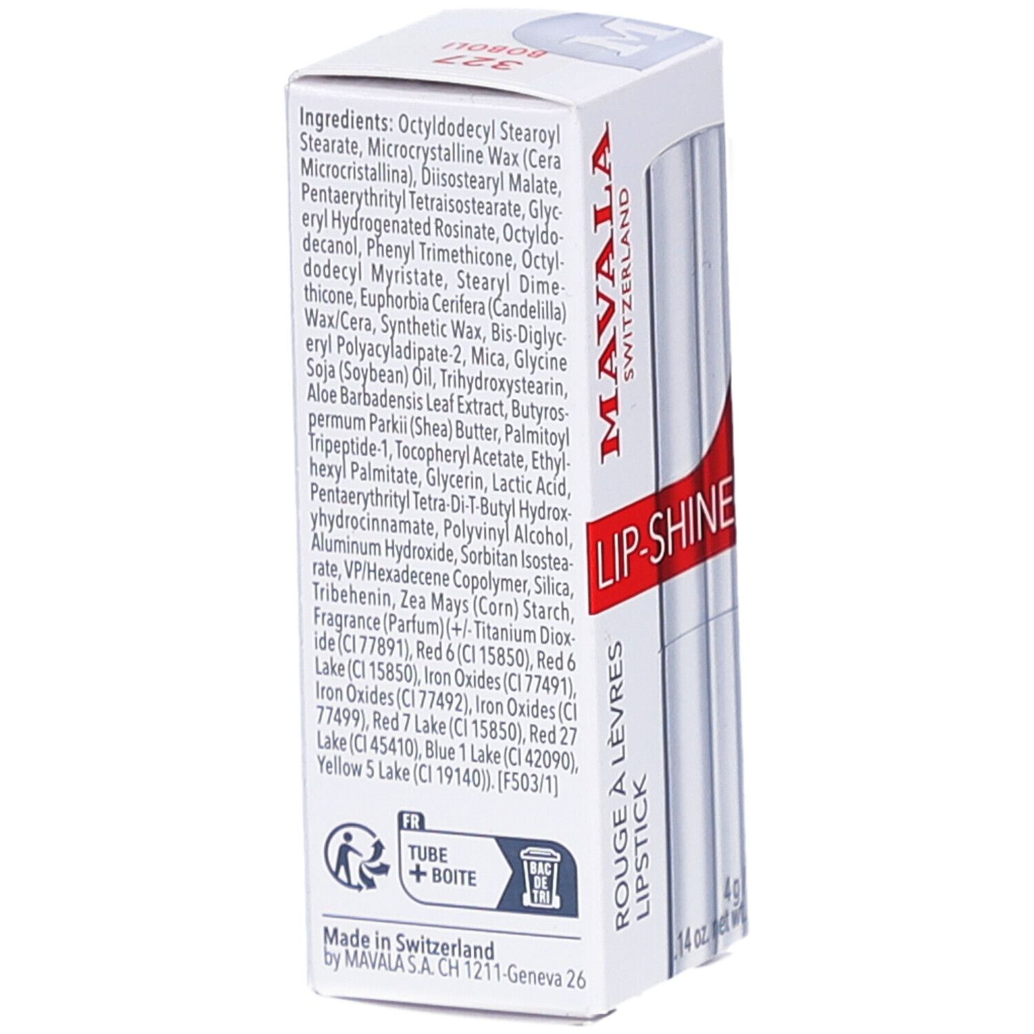 Dos de l'emballage en carton blanc. Contient des ingrédients et un symbole de recyclage. Inscription: MAVALA, LIP-SHINE, ROUGE À LÈVRES, LIPSTICK.
