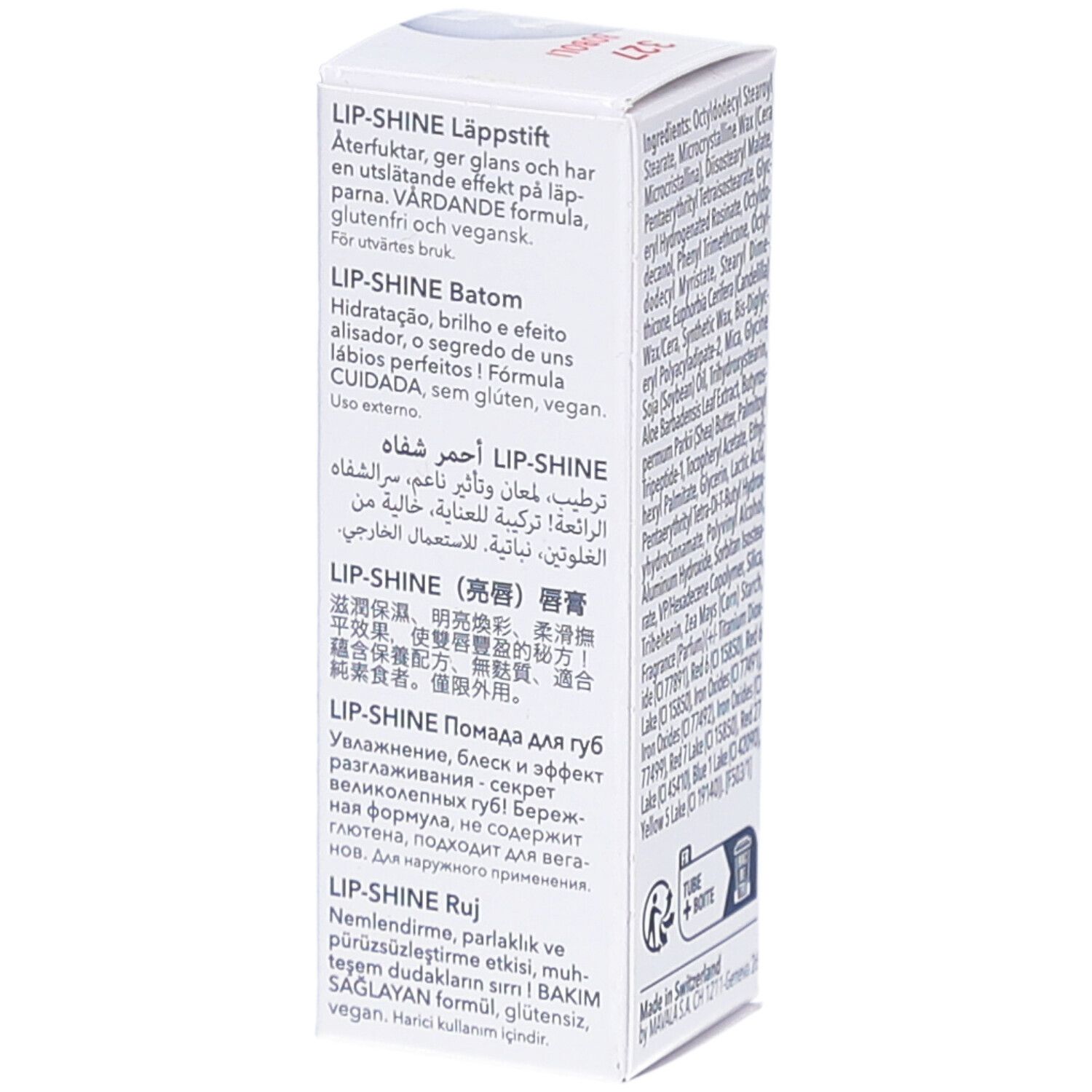 Côté de l'emballage en carton blanc. Informations produit multilingues. Inscription: LIP-SHINE.