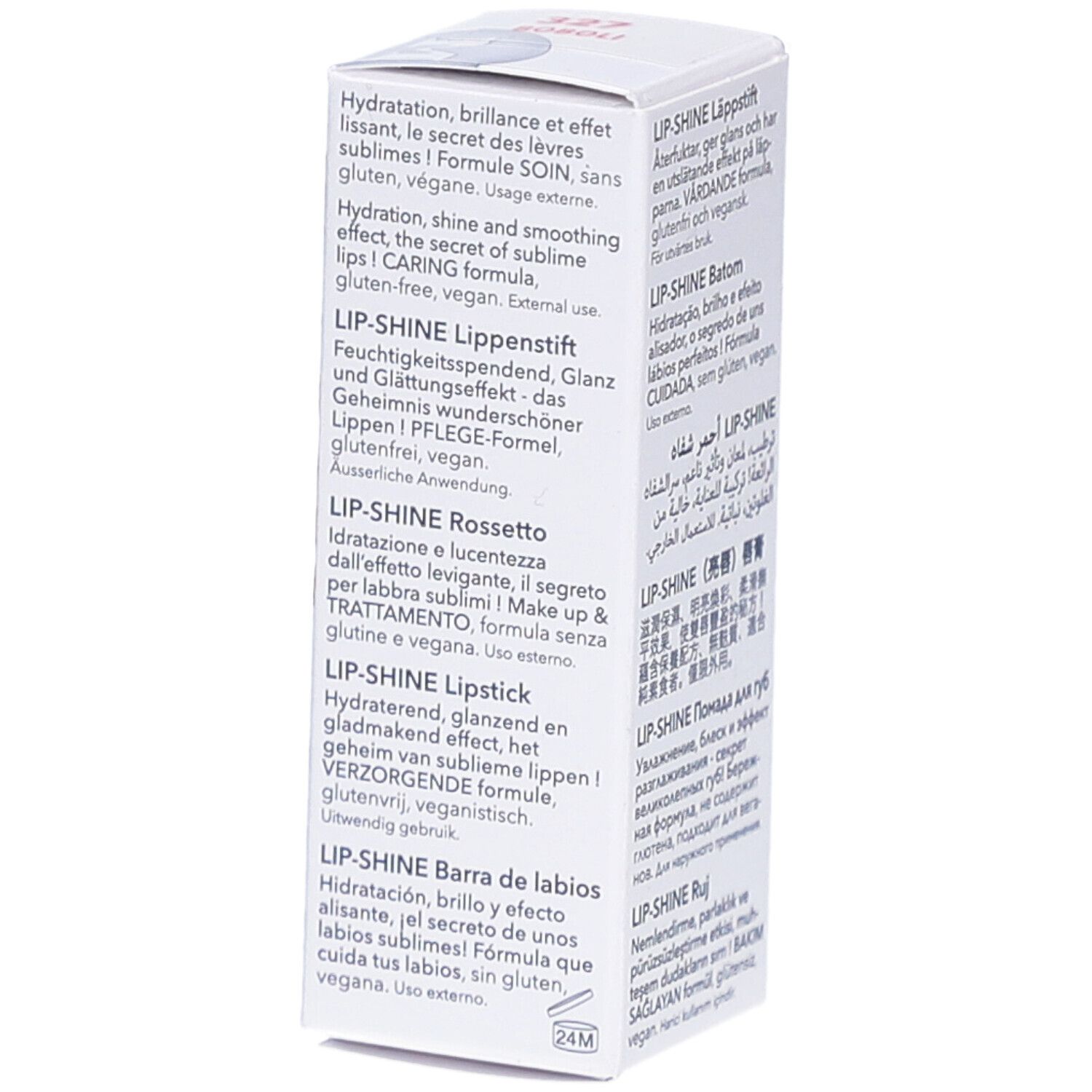 Côté de l'emballage en carton blanc. Informations produit multilingues. Inscription: LIP-SHINE.