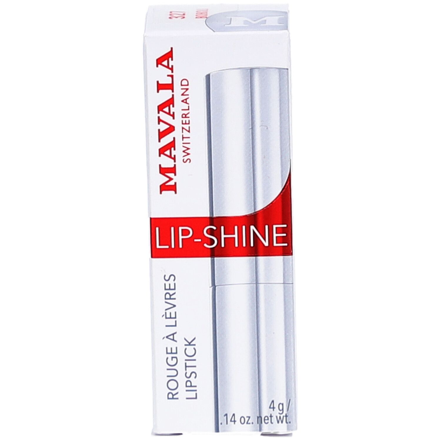 Boîte blanche avec rouge à lèvres. Inscription: MAVALA, LIP-SHINE, ROUGE À LÈVRES, LIPSTICK. 4g/ .14 oz. net wt.