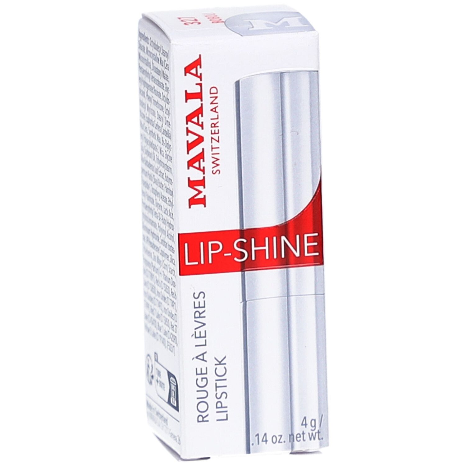 Boîte blanche avec rouge à lèvres. Inscription: MAVALA, LIP-SHINE, ROUGE À LÈVRES, LIPSTICK. 4g/ .14 oz. net wt.