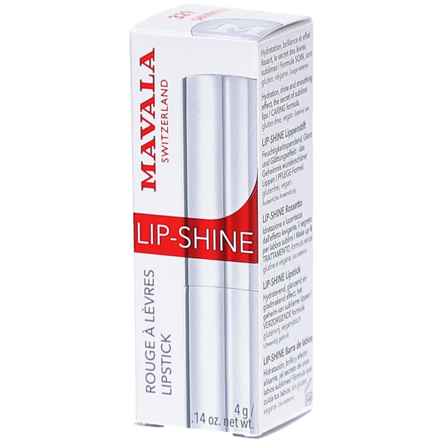 Rouge à lèvres MAVALA LIP-SHINE dans son emballage. Boîte blanche avec texte rouge. Rouge à lèvres argenté.