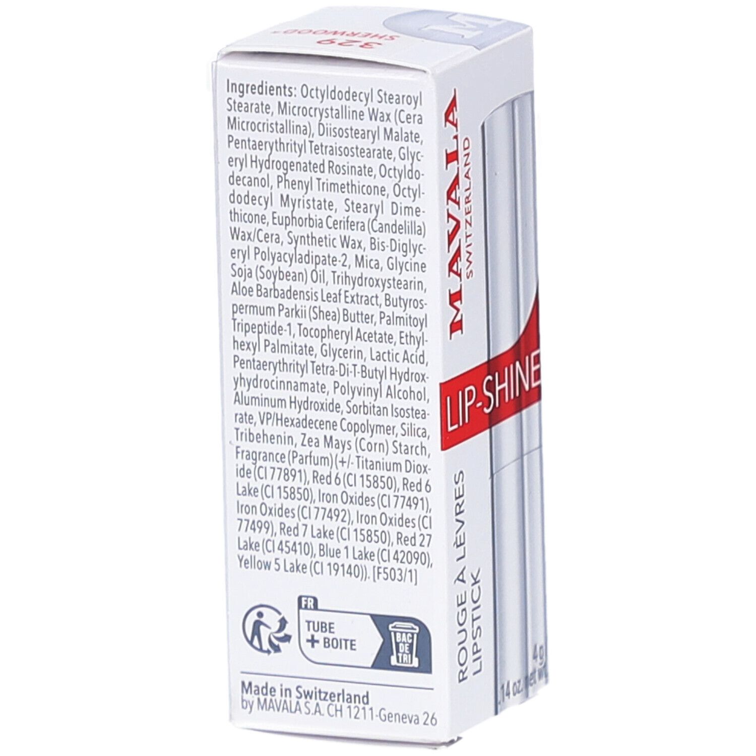 Dos de l'emballage. Boîte blanche avec ingrédients et texte. MAVALA, LIP-SHINE, Rouge à lèvres, Lipstick.