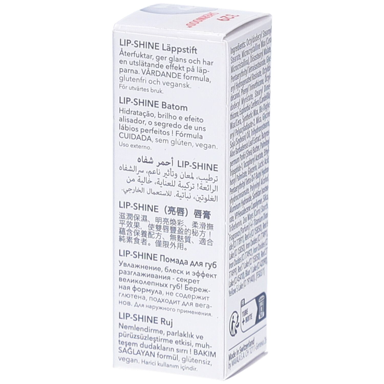 Côté de l'emballage. Boîte blanche avec texte en plusieurs langues. LIP-SHINE, MAVALA.