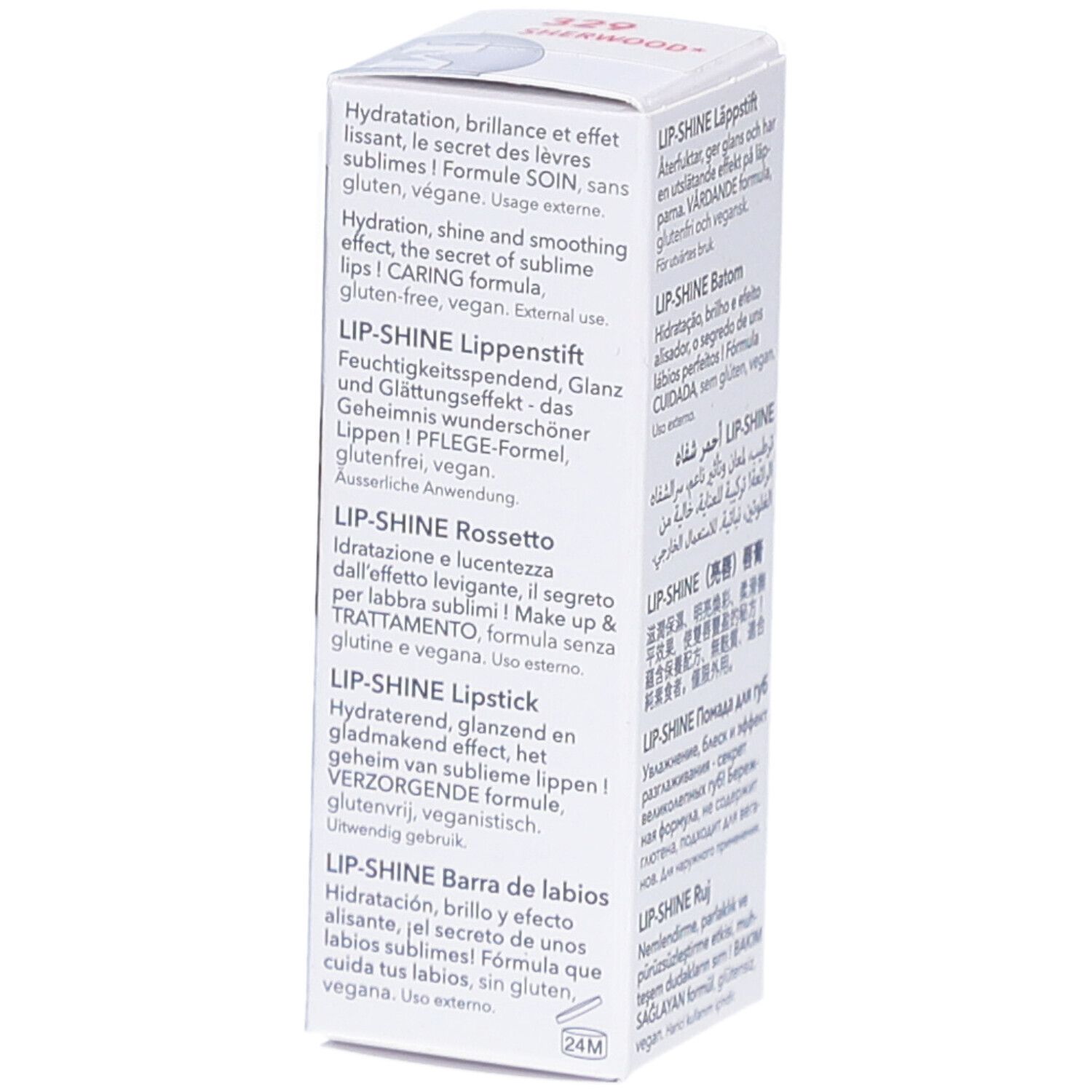 Côté de l'emballage. Boîte blanche avec texte en plusieurs langues. LIP-SHINE, MAVALA.