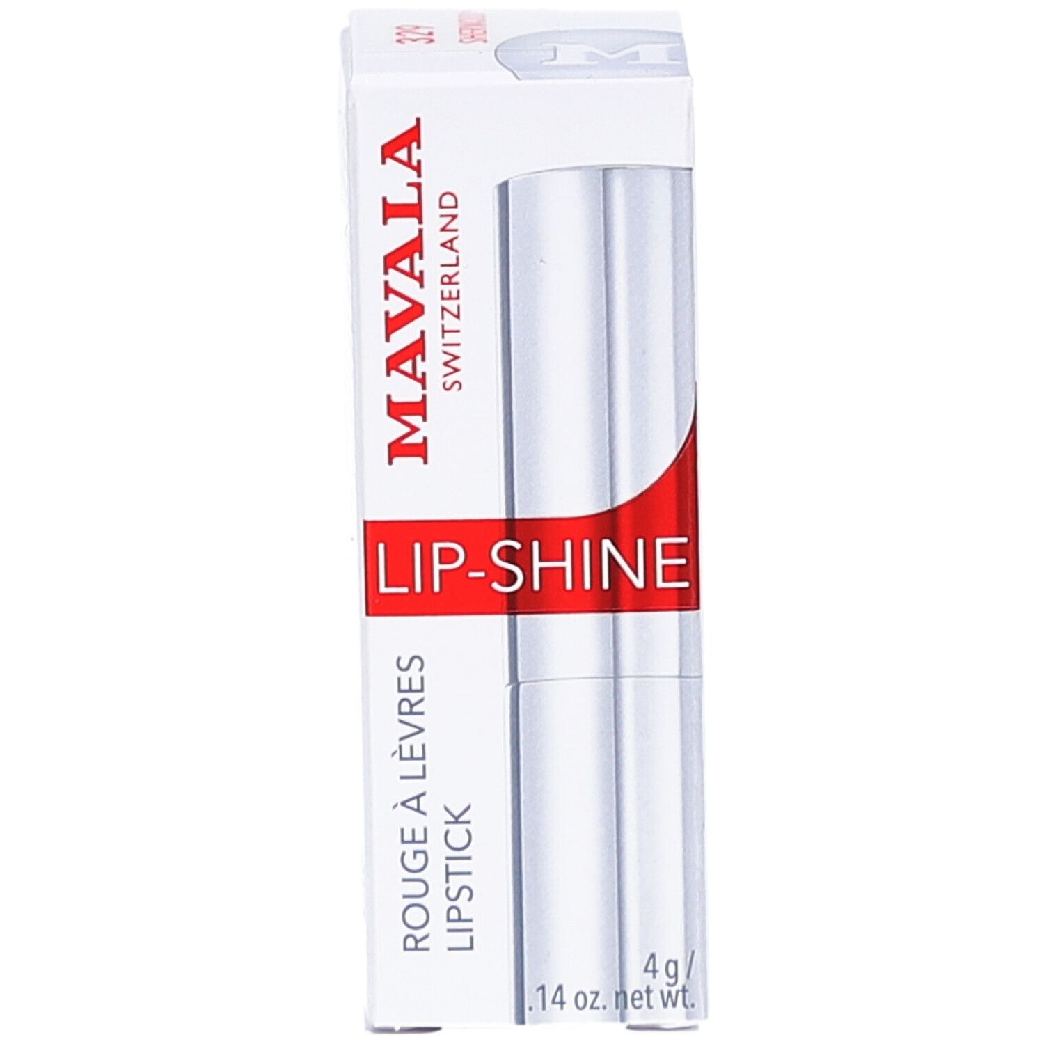Rouge à lèvres MAVALA LIP-SHINE dans son emballage. Boîte blanche avec texte rouge. Rouge à lèvres argenté.
