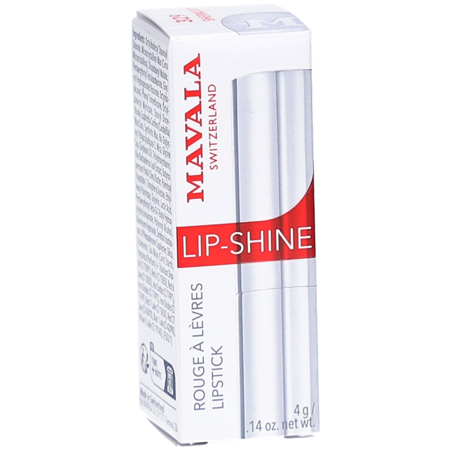 Rouge à lèvres MAVALA LIP-SHINE dans son emballage. Boîte blanche avec texte rouge. Rouge à lèvres argenté.