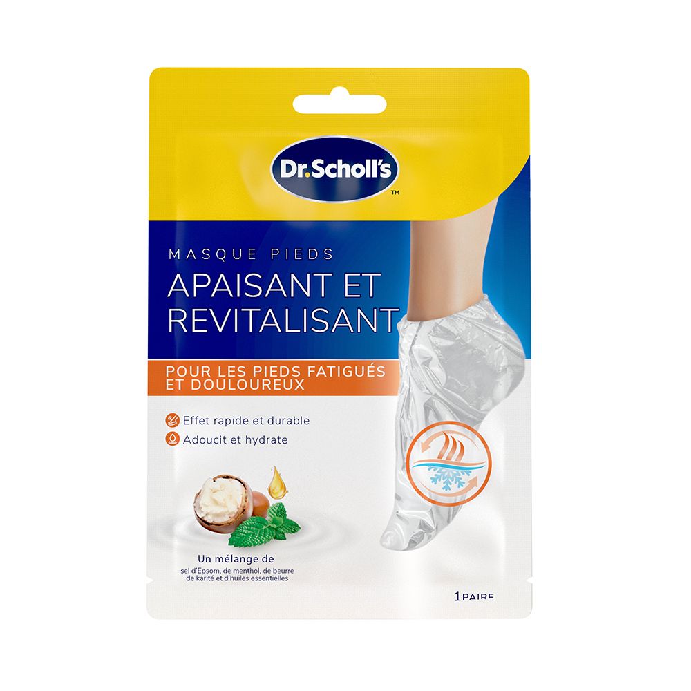 Emballage de masque pour les pieds Dr. Scholl's. Contient un masque pour les pieds. Texte: Masque Pieds Apaisant et Revitalisant. 1 paire.