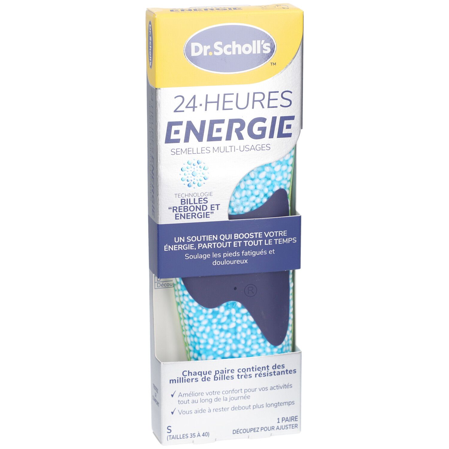 Boîte de semelles Scholl 24-HEURES ENERGIE. Semelles bleues et blanches. Carton jaune et bleu avec texte.