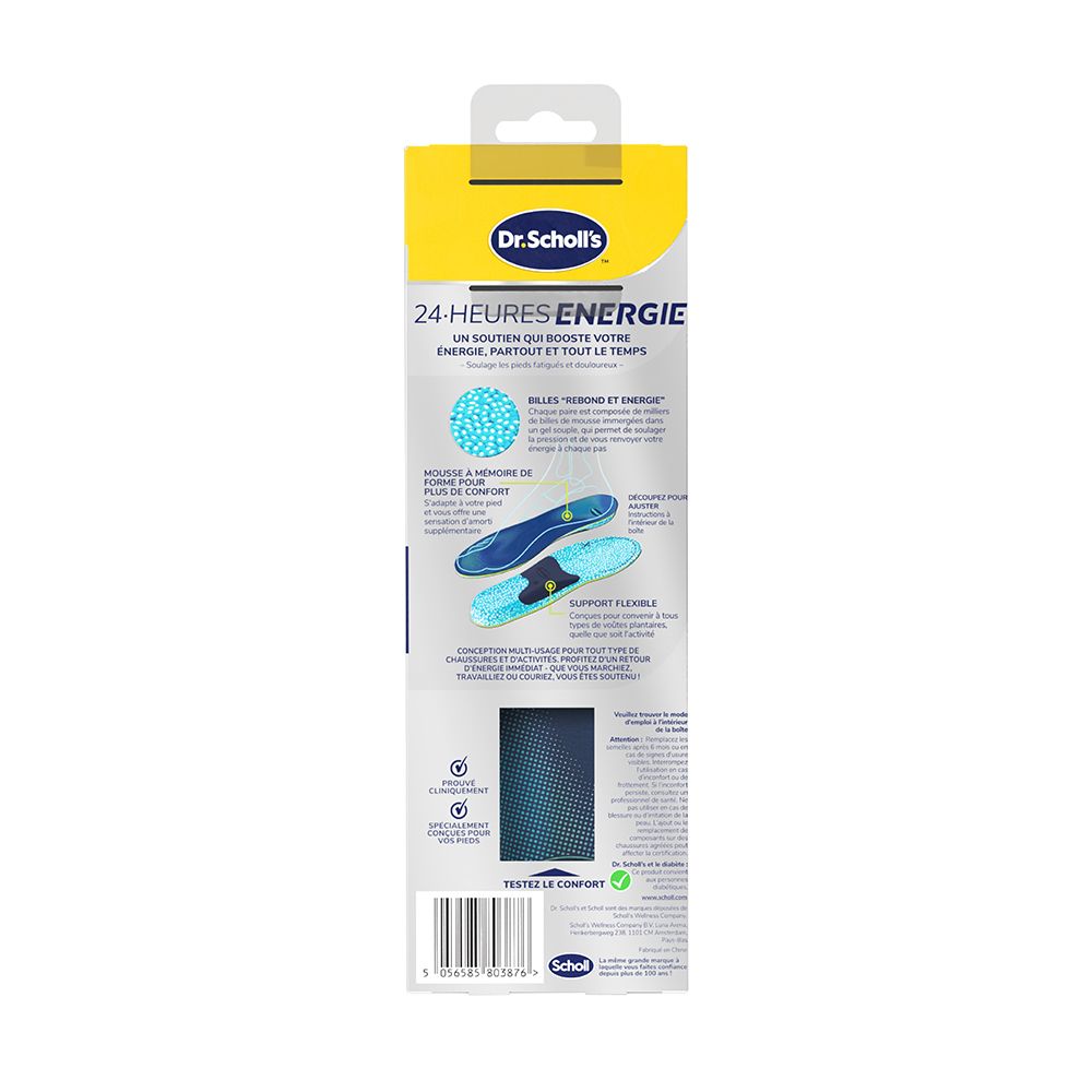 Emballage de Dr. Scholl's 24-HEURES ENERGIE. Arrière. Illustration du produit et texte.