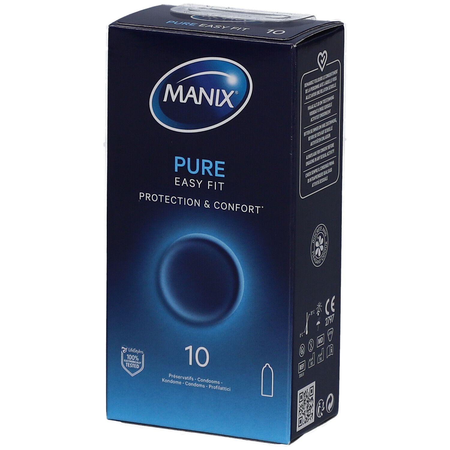 Boîte de 10 préservatifs MANIX PURE EASY FIT. Emballage bleu avec logo et nom du produit. Marquage CE.