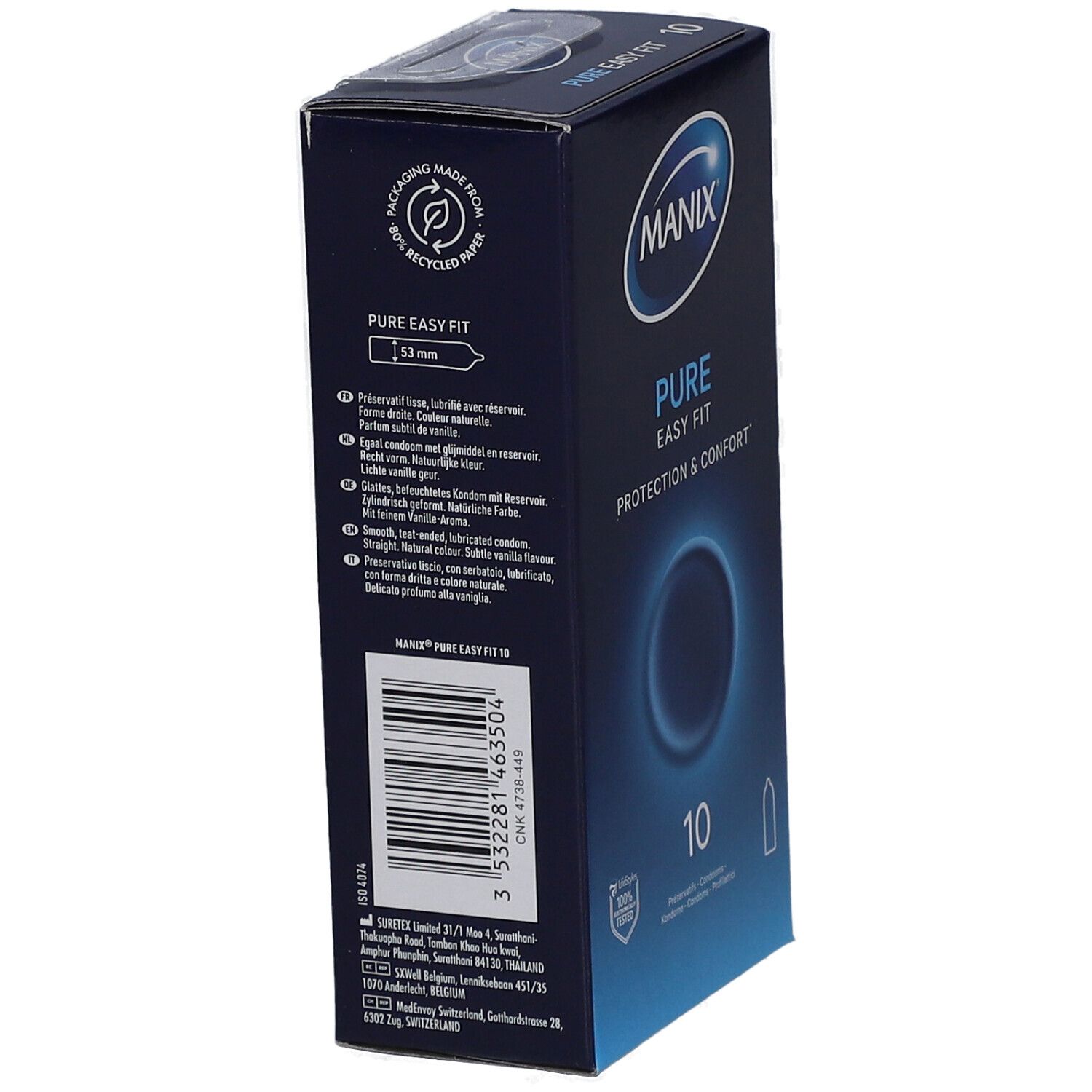 Emballage MANIX PURE EASY FIT. Informations produit au dos. Détails sur les ingrédients et le fabricant.