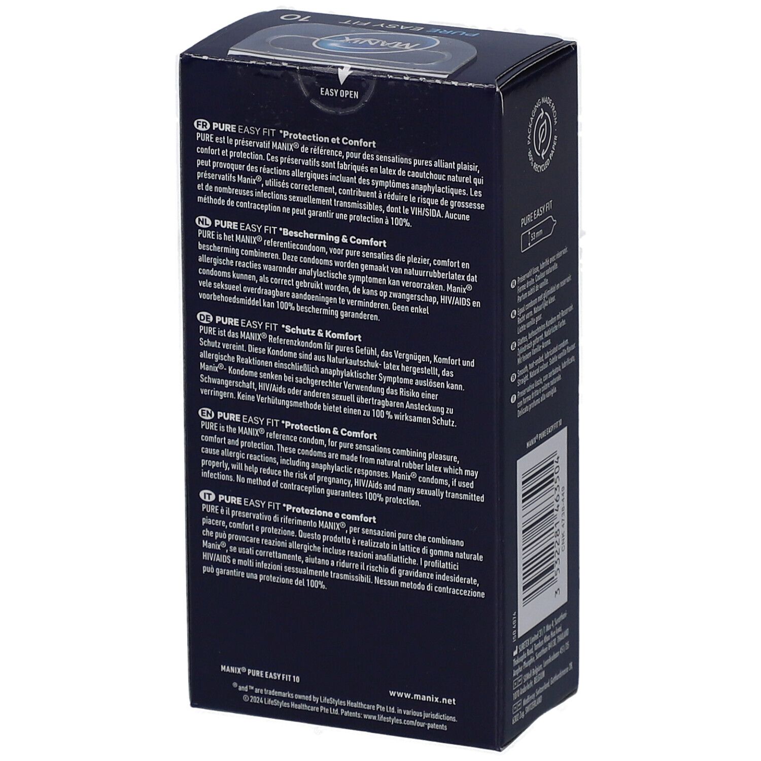 Emballage MANIX PURE EASY FIT. Texte multilingue sur l'emballage. Informations sur l'utilisation.