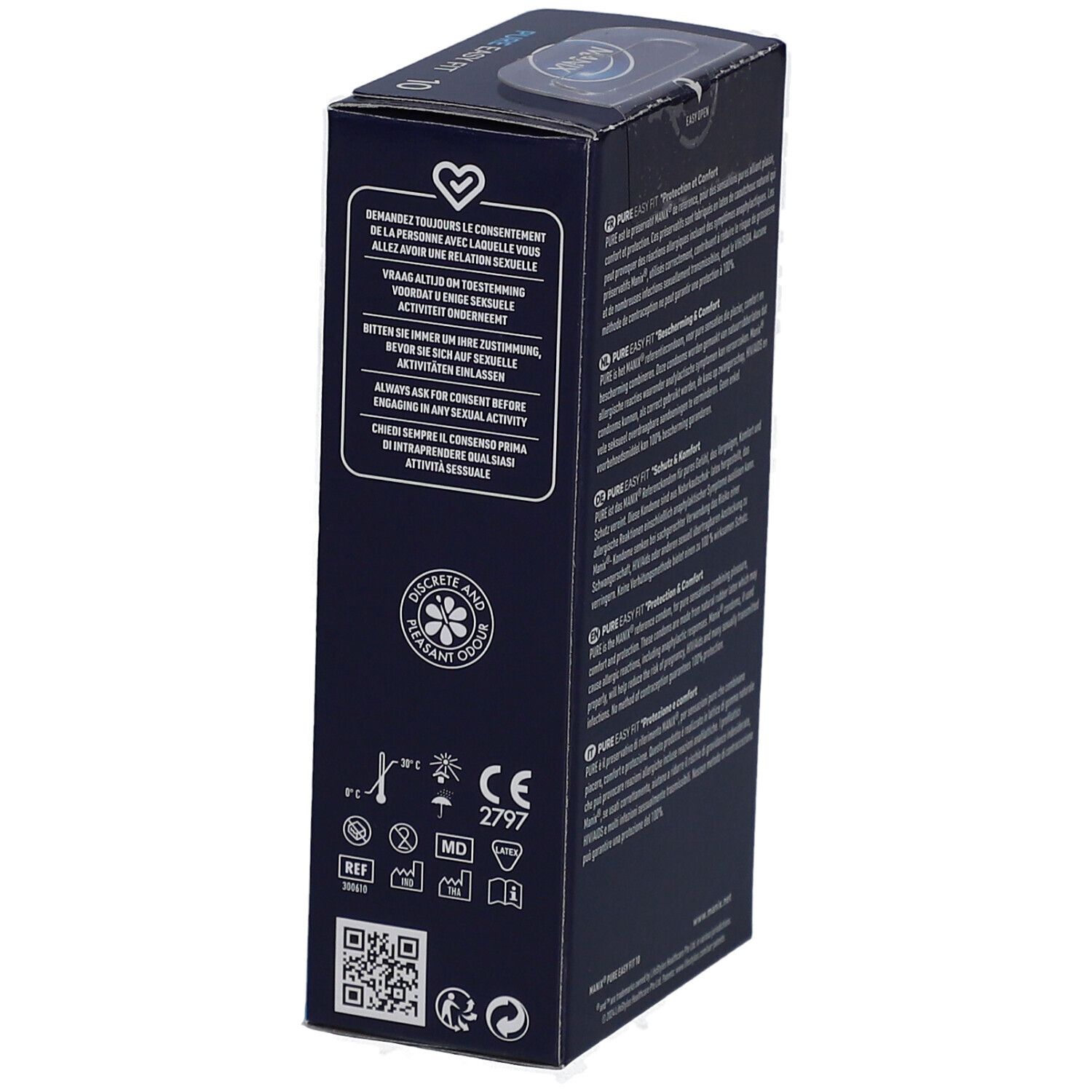 Emballage MANIX PURE EASY FIT. Côté avec informations et symboles. Marquage CE et code QR.