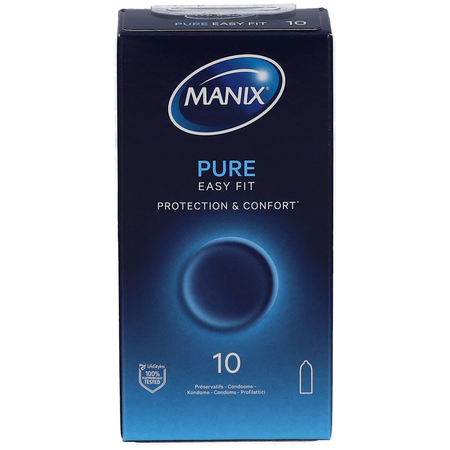 Boîte MANIX PURE EASY FIT. Boîte bleue avec logo et nom du produit. Contient 10 préservatifs.