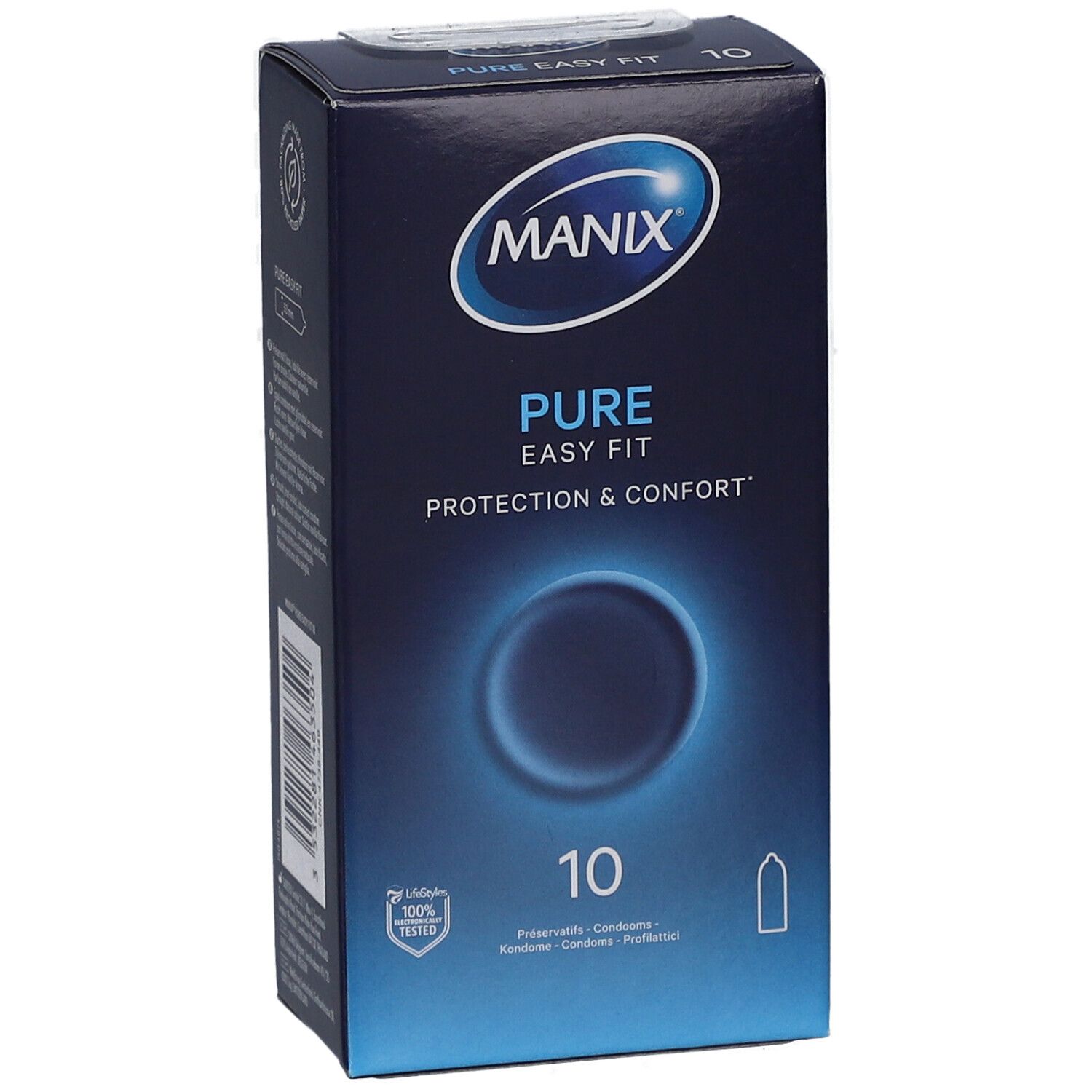 Boîte MANIX PURE EASY FIT. Boîte bleue avec logo et nom du produit. Contient 10 préservatifs.