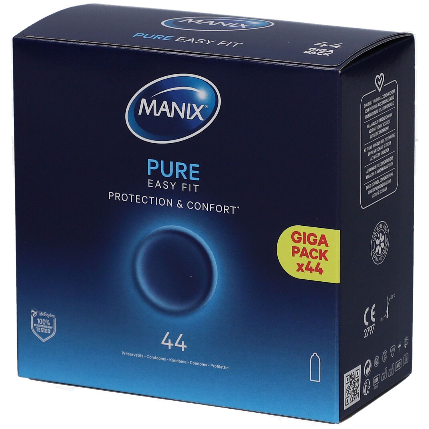 Boîte bleue foncée MANIX PURE EASY FIT. GIGA PACK x44. Logos et informations produit visibles.