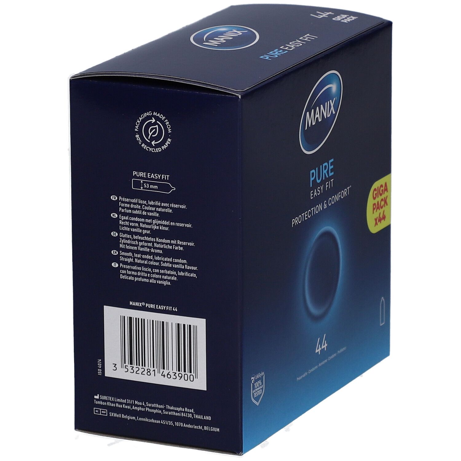 Boîte bleue foncée MANIX PURE EASY FIT. Arrière avec texte et logos. GIGA PACK x44.