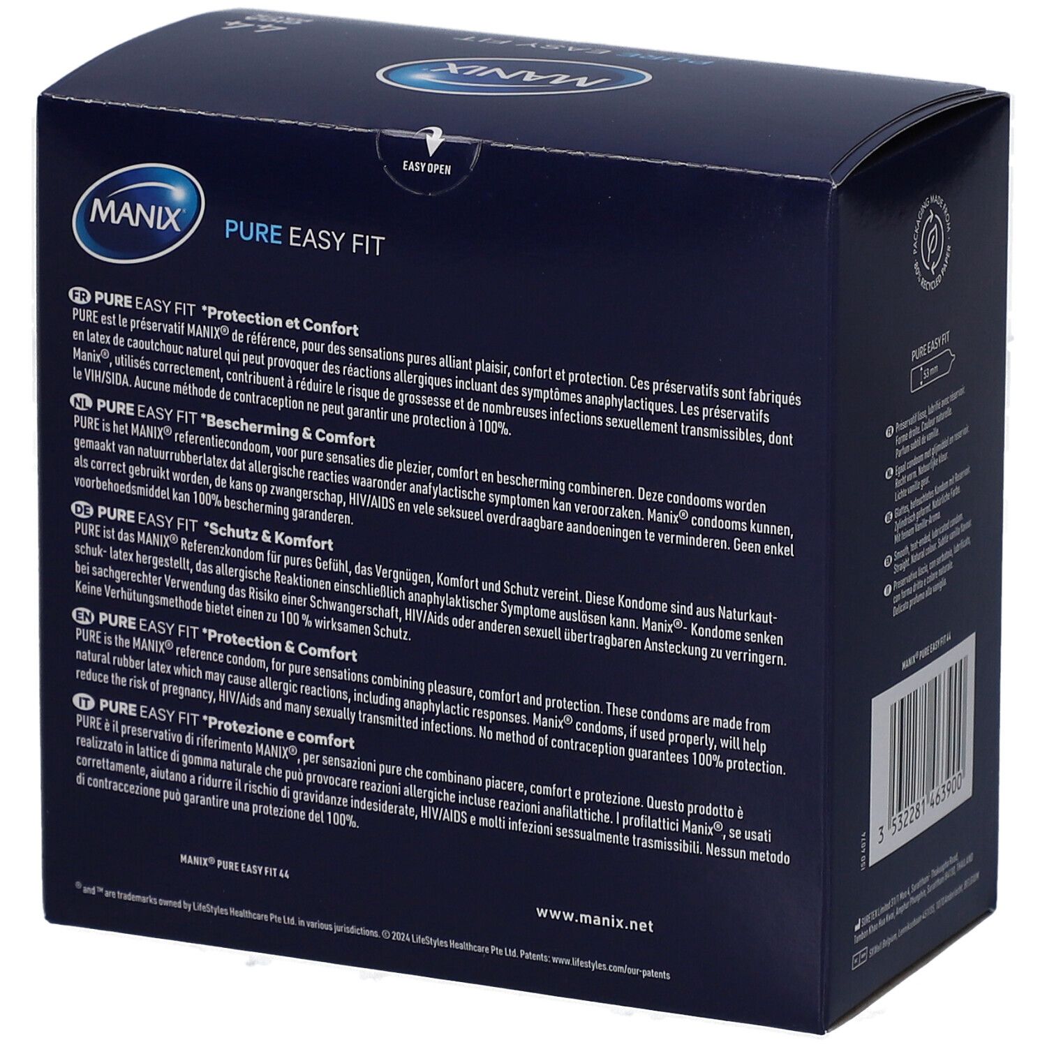 Boîte bleue foncée MANIX PURE EASY FIT. Texte au dos. GIGA PACK x44.