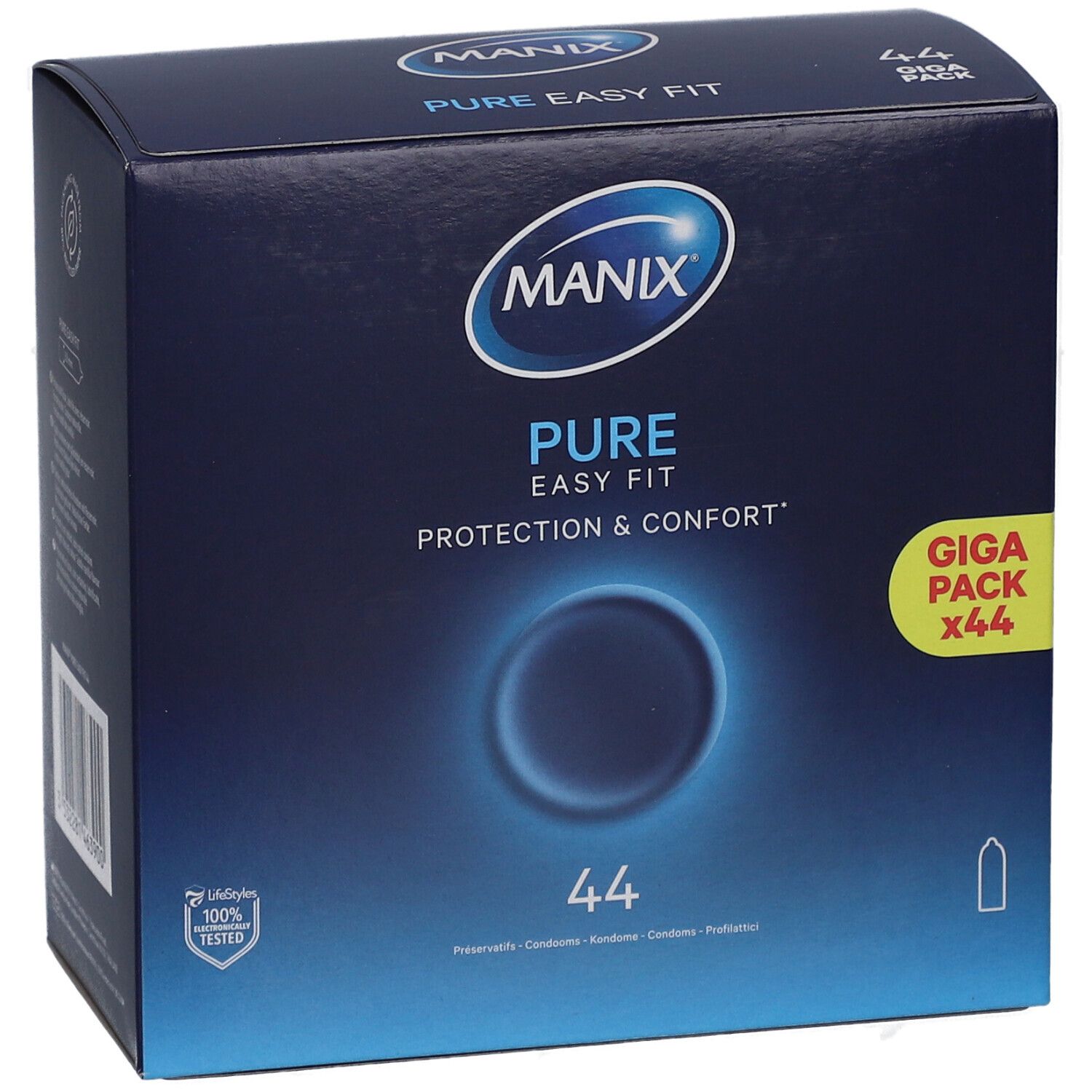 Boîte bleue foncée MANIX PURE EASY FIT. GIGA PACK x44. Logos et informations produit.