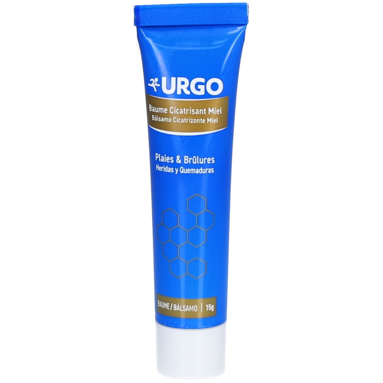 Tube bleu URGO Baume Cicatrisant Miel. Texte: Plaies & Brûlures. Contient 15g. Bouchon blanc.
