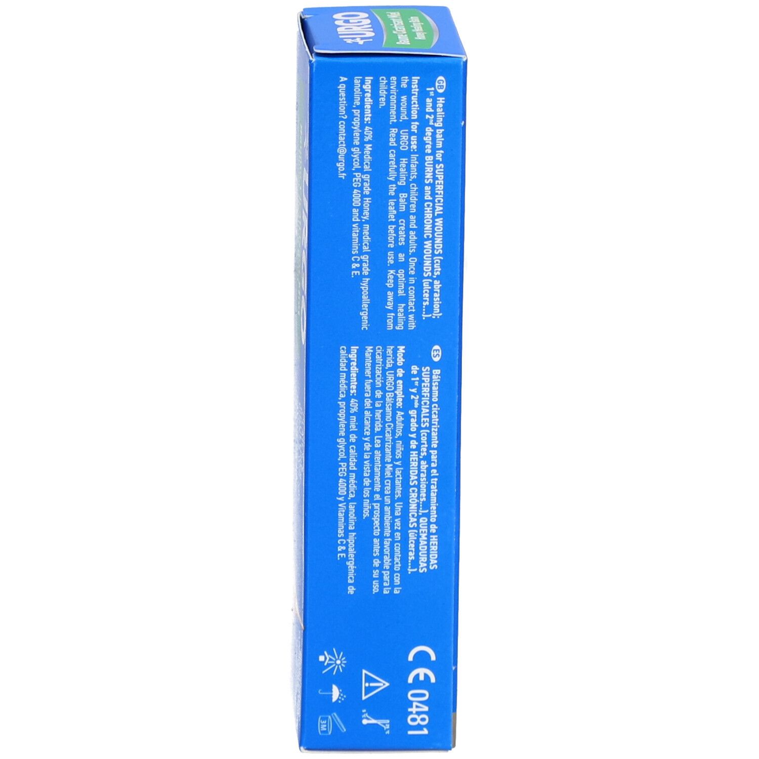 Boîte bleue, vue latérale. Texte et informations sur les ingrédients et le fabricant. Marquage CE.