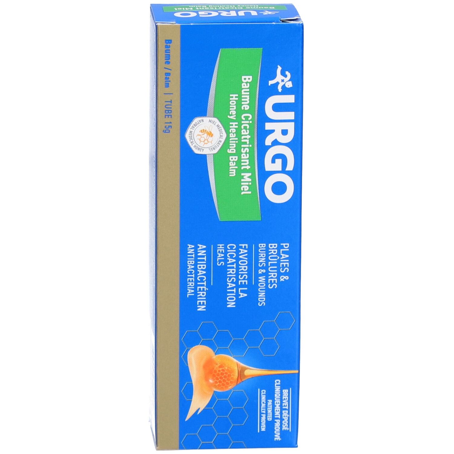 Boîte bleue. URGO Baume Cicatrisant Miel. Texte: Plaies & Brûlures. Illustration miel. Tube 15g.