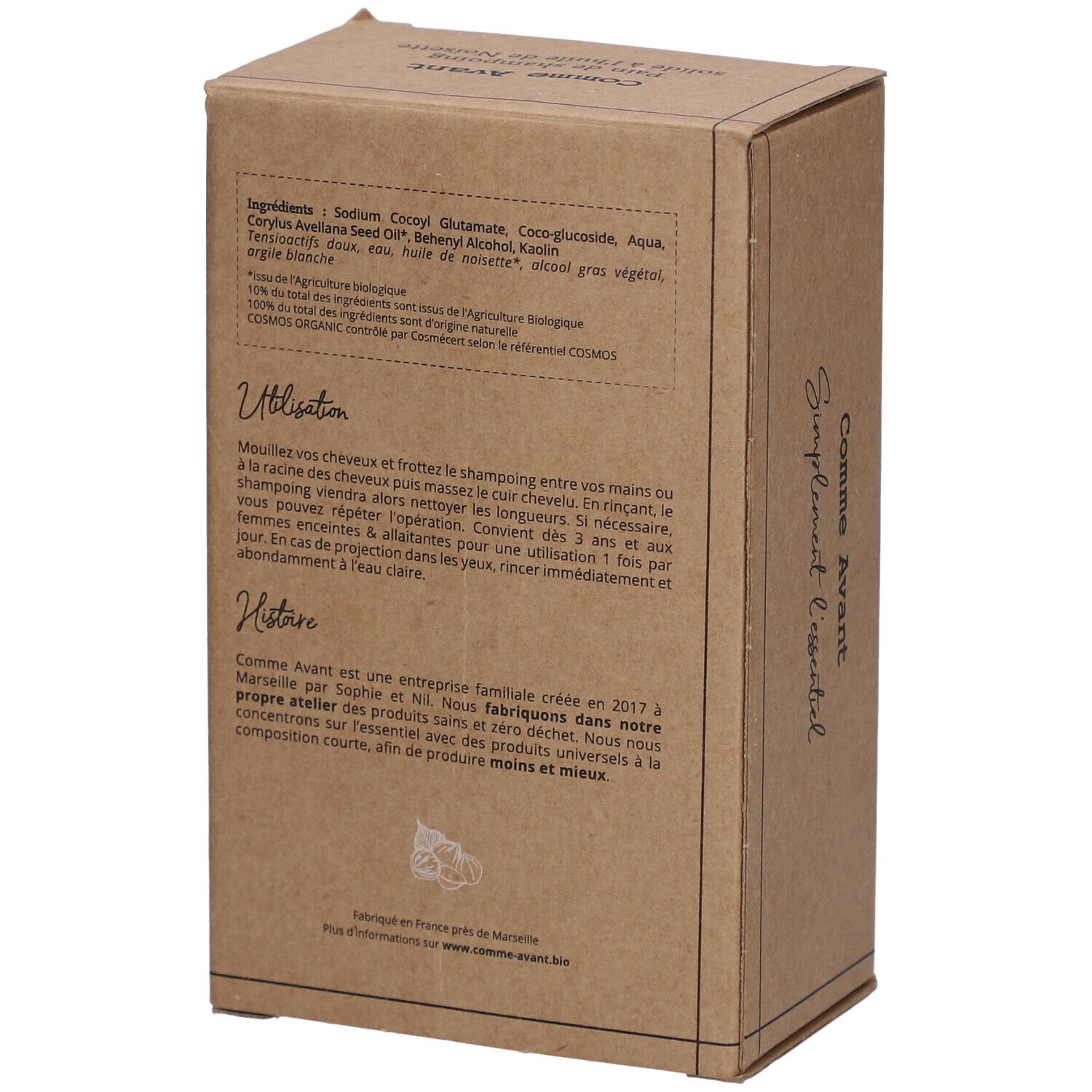 Dos de la boîte en carton. Texte avec ingrédients, utilisation et informations sur l'entreprise. Logo: Comme Avant.