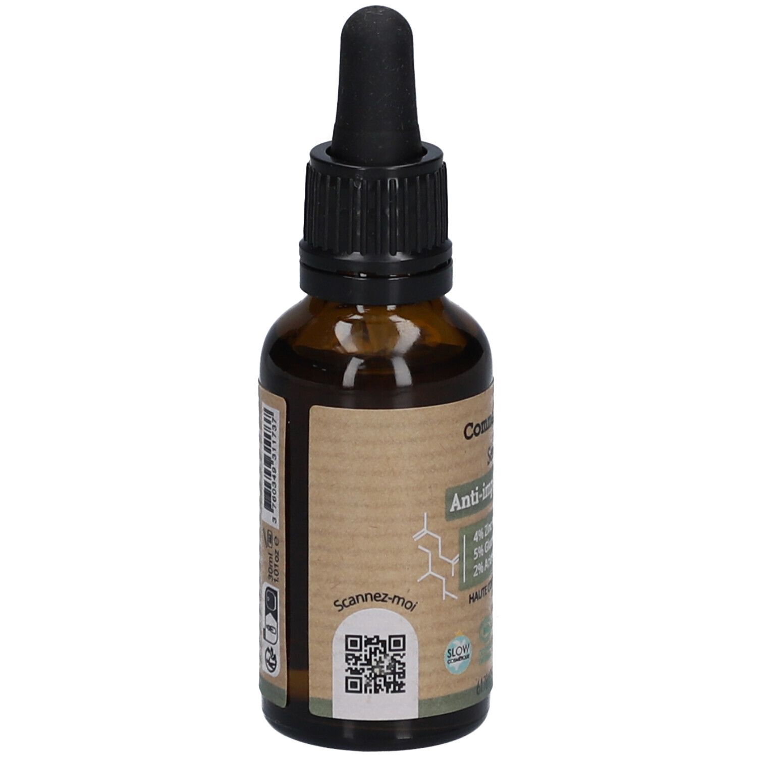 Flacon en verre brun avec compte-gouttes noir. Étiquette avec code QR et formule chimique. Nom du produit et ingrédients partiellement visibles.