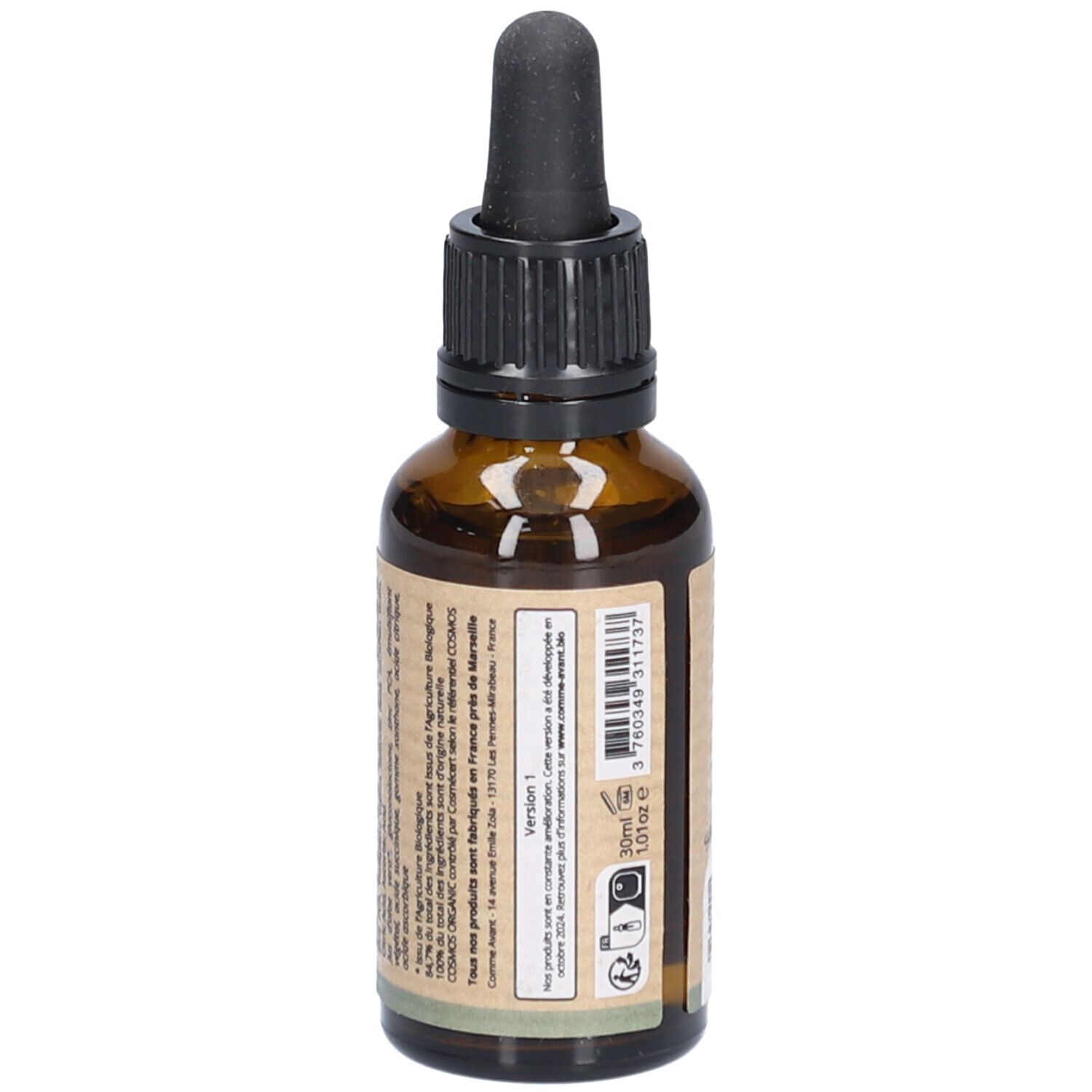 Flacon en verre brun avec compte-gouttes noir. Dos avec texte et code-barres. Volume: 30ml.