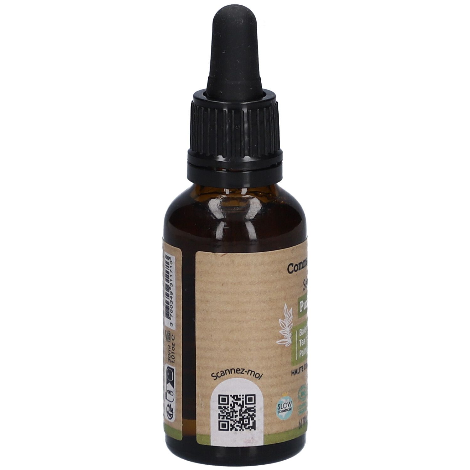 Flacon en verre brun avec bouchon noir et pipette. Étiquette avec code QR et informations produit. Label vegan.