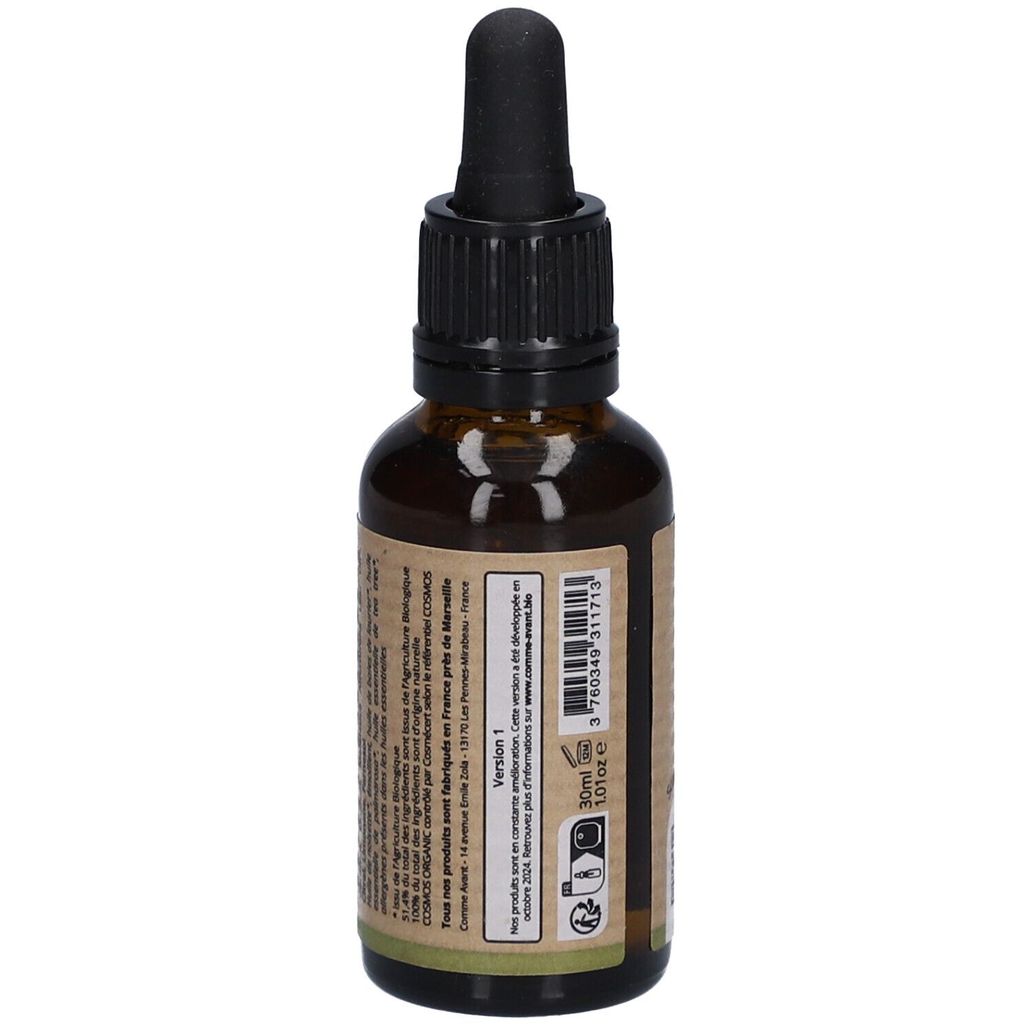 Flacon en verre brun avec bouchon noir et pipette. Étiquette avec informations produit et code-barres. 30ml.