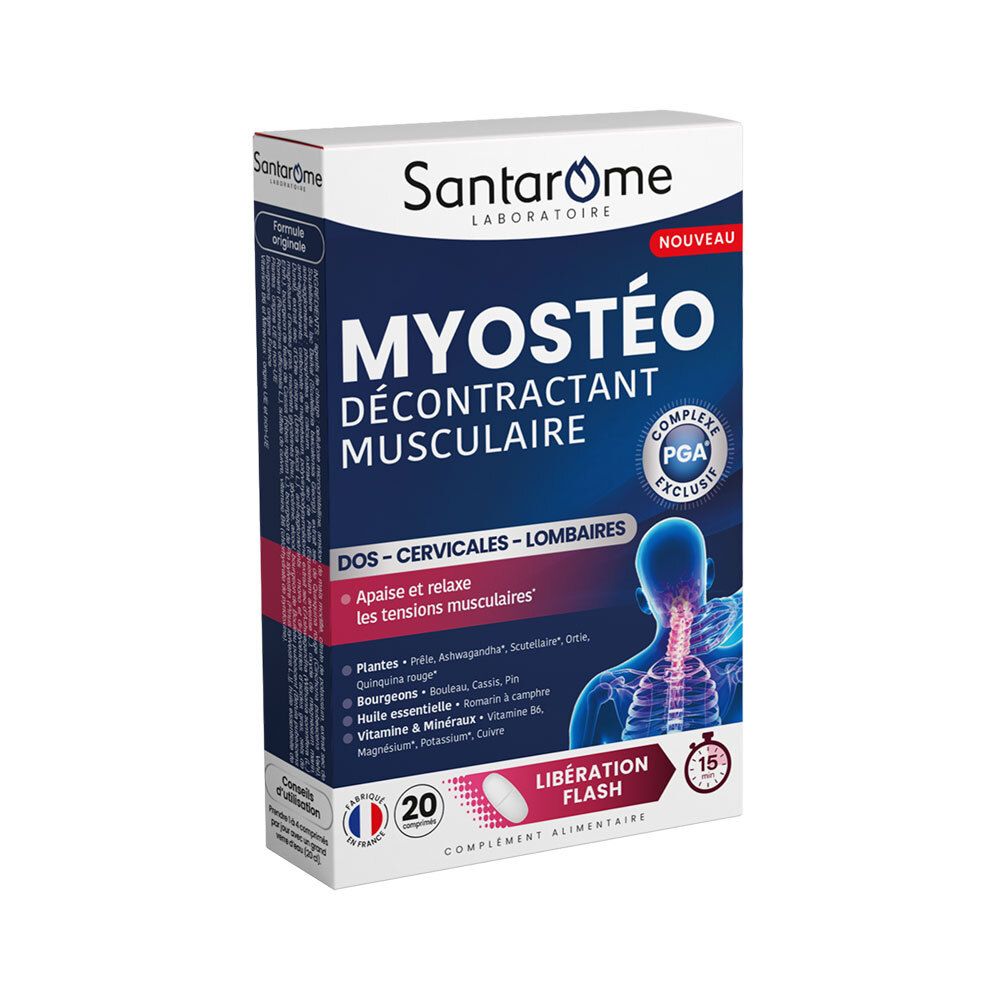Boîte Santarome Myostéo. Emballage bleu et blanc. Contient 20 comprimés. Texte: Myostéo, Décontractant Musculaire.