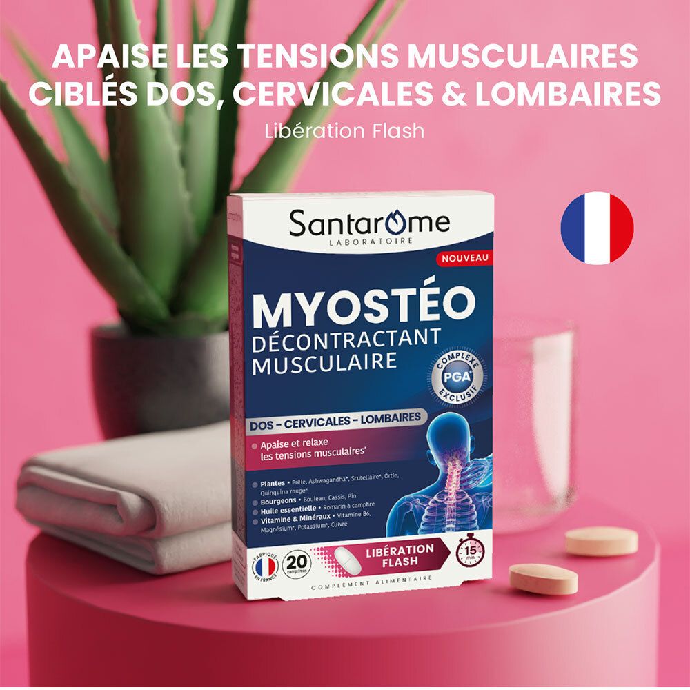 Boîte Santarome Myostéo, fond rose. Contient 20 comprimés. Texte: Myostéo, Décontractant Musculaire. Drapeau français.