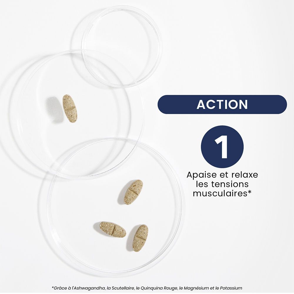 Comprimés sur plaques de verre. Quatre comprimés visibles. Texte: Action 1, Apaise et relaxe les tensions musculaires.