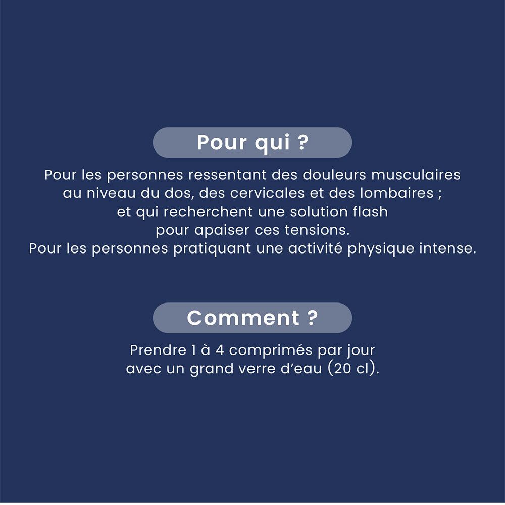 Texte sur fond bleu. Texte: Pour qui? Pour les personnes... Comment? Prendre 1 à 4 comprimés... (20 cl).