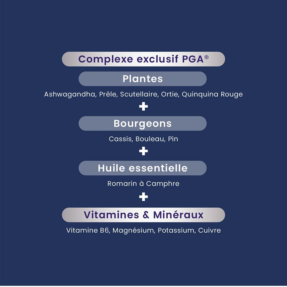 Graphique avec ingrédients. Texte: Complexe exclusif PGA. Plantes, bourgeons, huiles essentielles, vitamines et minéraux.