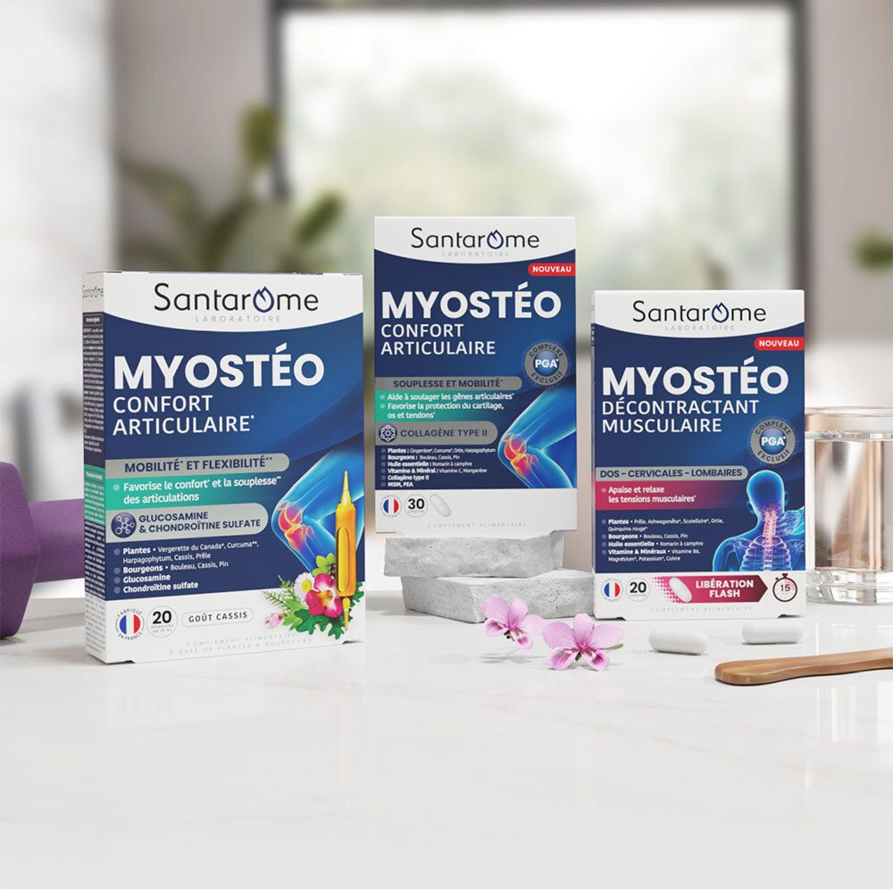 Trois boîtes Santarome. Texte: Myostéo, Confort Articulaire, Décontractant Musculaire. 20 et 30 comprimés.