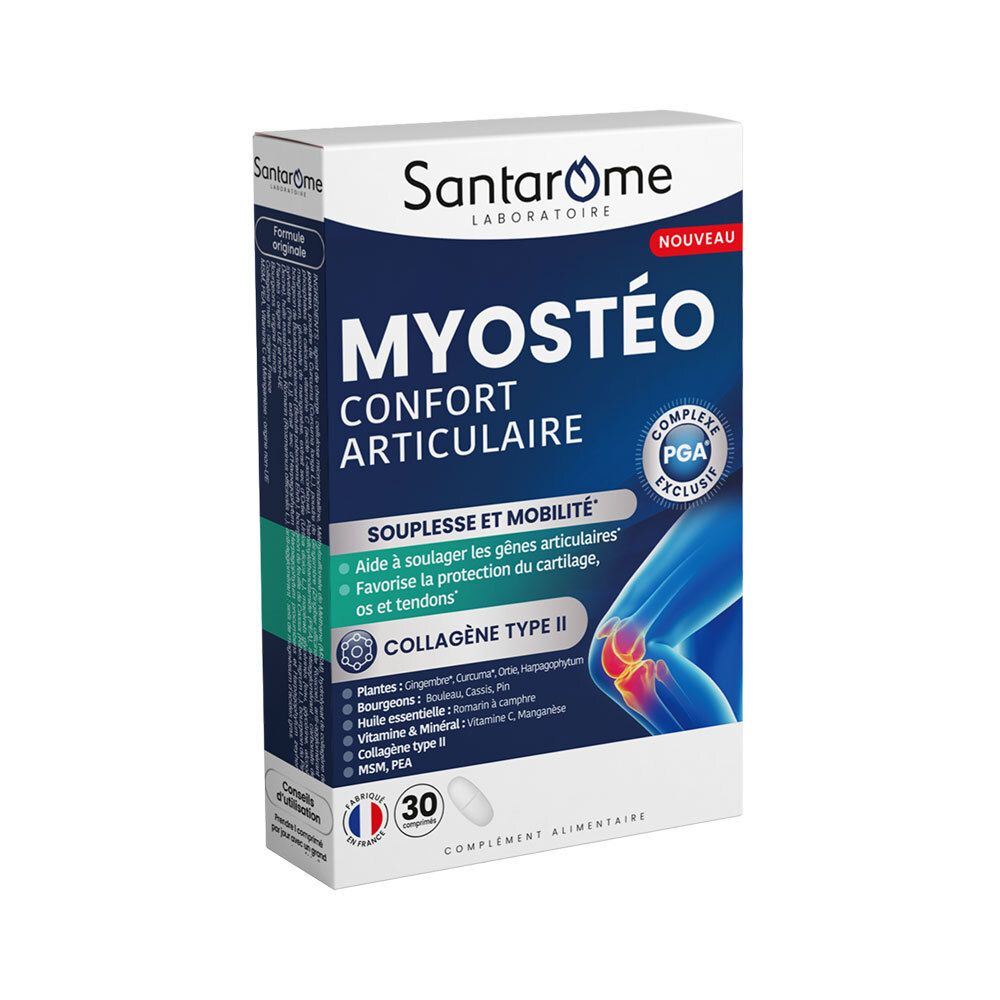 Boîte de Santarome Myostéo. Inscription : MYOSTÉO, Confort Articulaire. 30 gélules. Contient du collagène de type II.