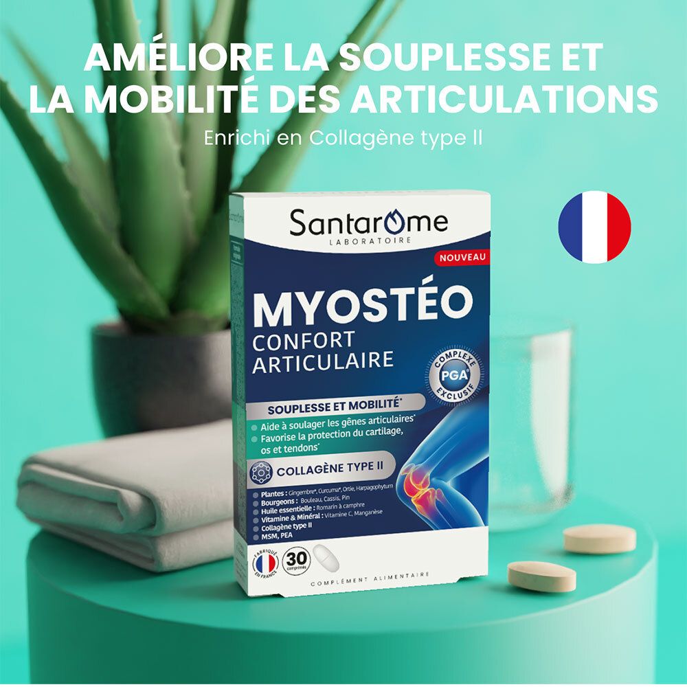 Boîte Santarome Myostéo. Inscription : MYOSTÉO, Confort Articulaire. 30 gélules. Contient du collagène de type II. Drapeau français.