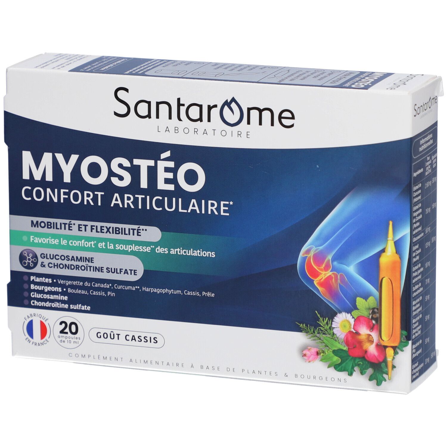 Boîte Santarome Myostéo. Inscription: MYOSTÉO CONFORT ARTICULAIRE. Contient 20 ampoules. Illustration d'une articulation.